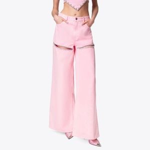 AREA Taylor Swift Pink Acid Wash Jeans Pants WIDE LEG CRYSTAL SLIT JEAN NWOT